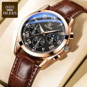 OLEVS 2871 Brown gold black with Leather Watch For Men & Women