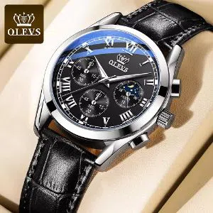 OLEVS 2871 Black with Leather Watch For Men & Women