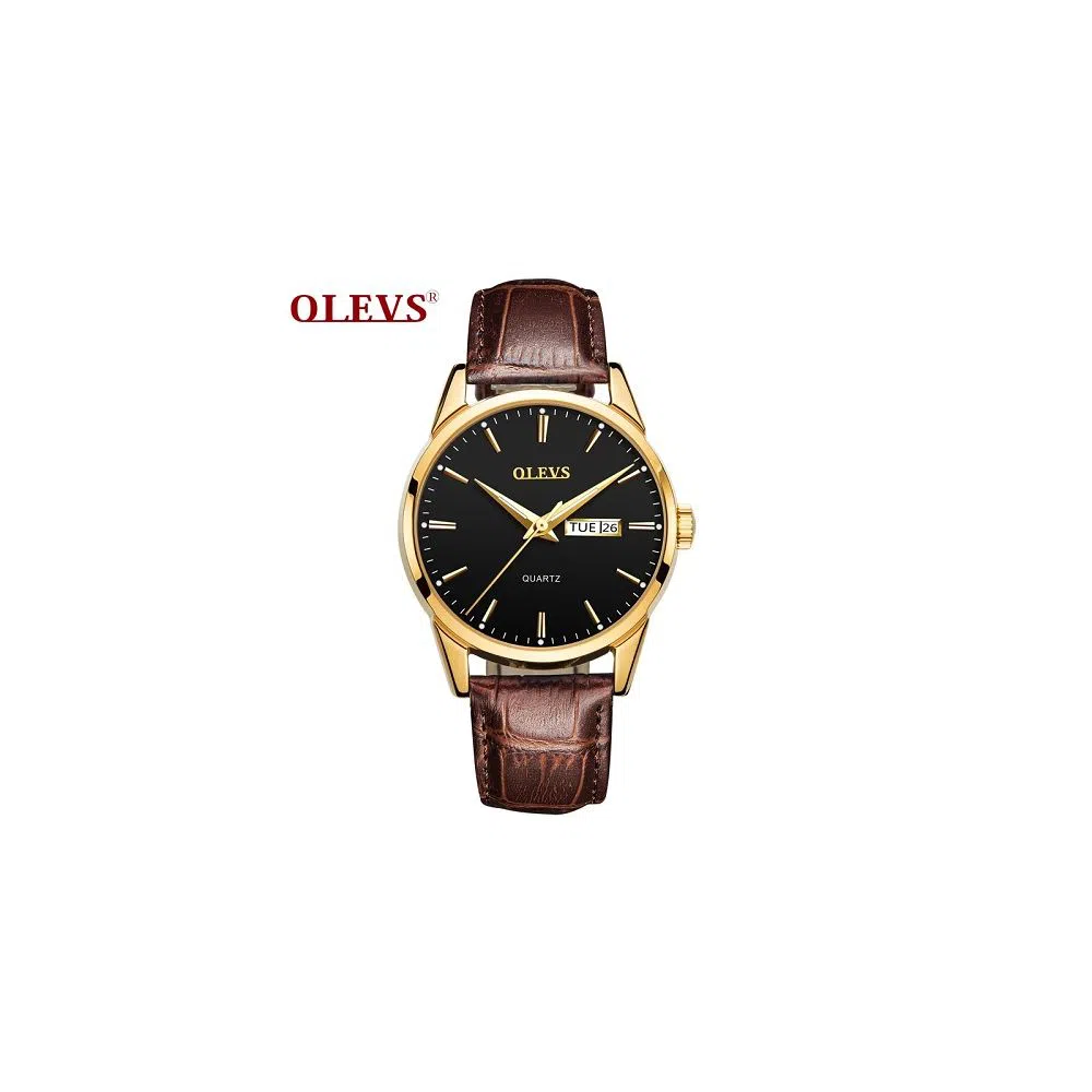 OLEVS 6898 Fashion Watch For Men & Women Golden Black with Leather