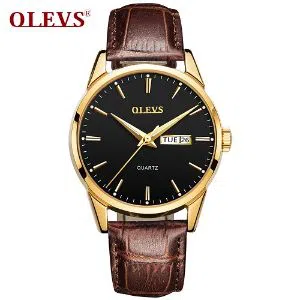 OLEVS 6898 Fashion Watch For Men & Women Golden Black with Leather