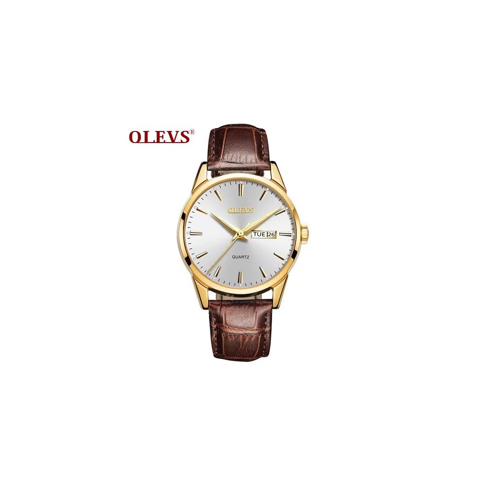 OLEVS 6898 Fashion Watch For Men & Women Golden Black white with Leather