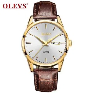 OLEVS 6898 Fashion Watch For Men & Women Golden Black white with Leather