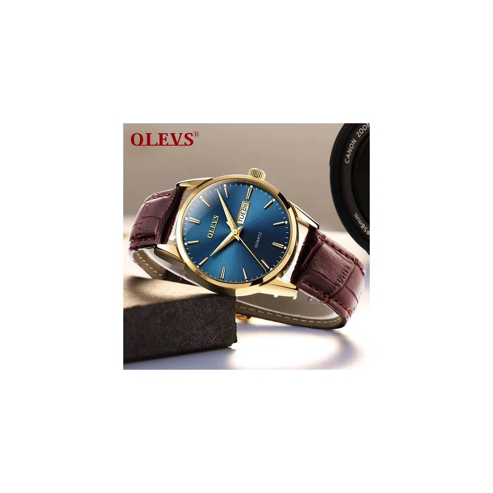 OLEVS 6898 Watch For Men & Women Golden blue with Leather