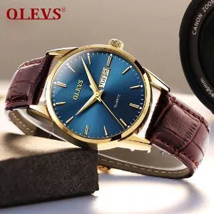 OLEVS 6898 Watch For Men & Women Golden blue with Leather