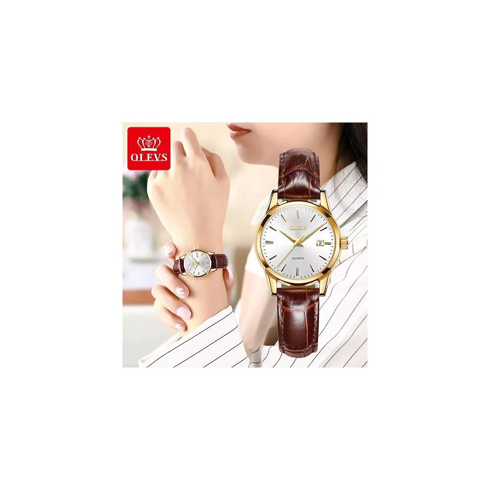 OLEVS 6898 Watch For Women Golden white with Leather