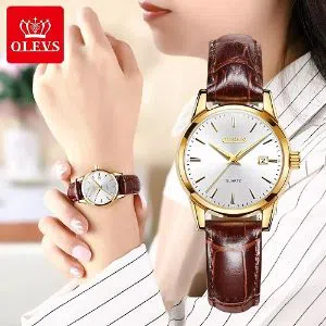 OLEVS 6898 Watch For Women Golden white with Leather