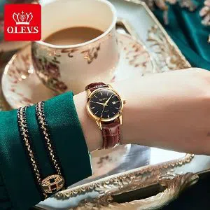 OLEVS 6898 Watch For Women Golden black with Leather