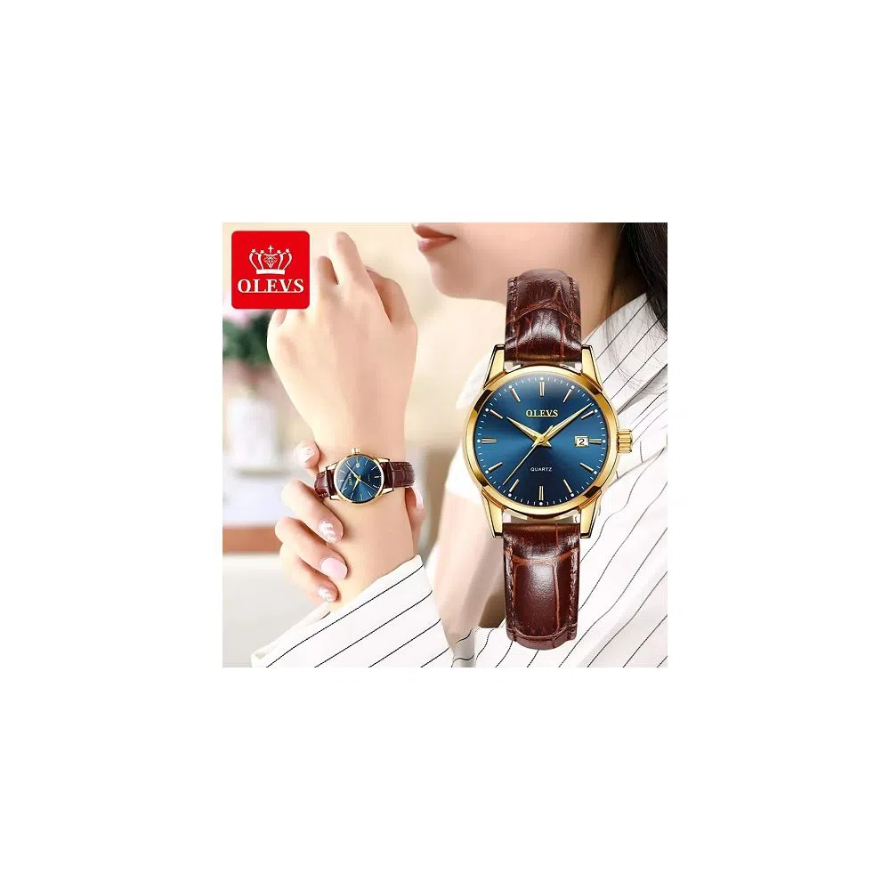OLEVS 6898 Watch For Women Golden blue with Leather