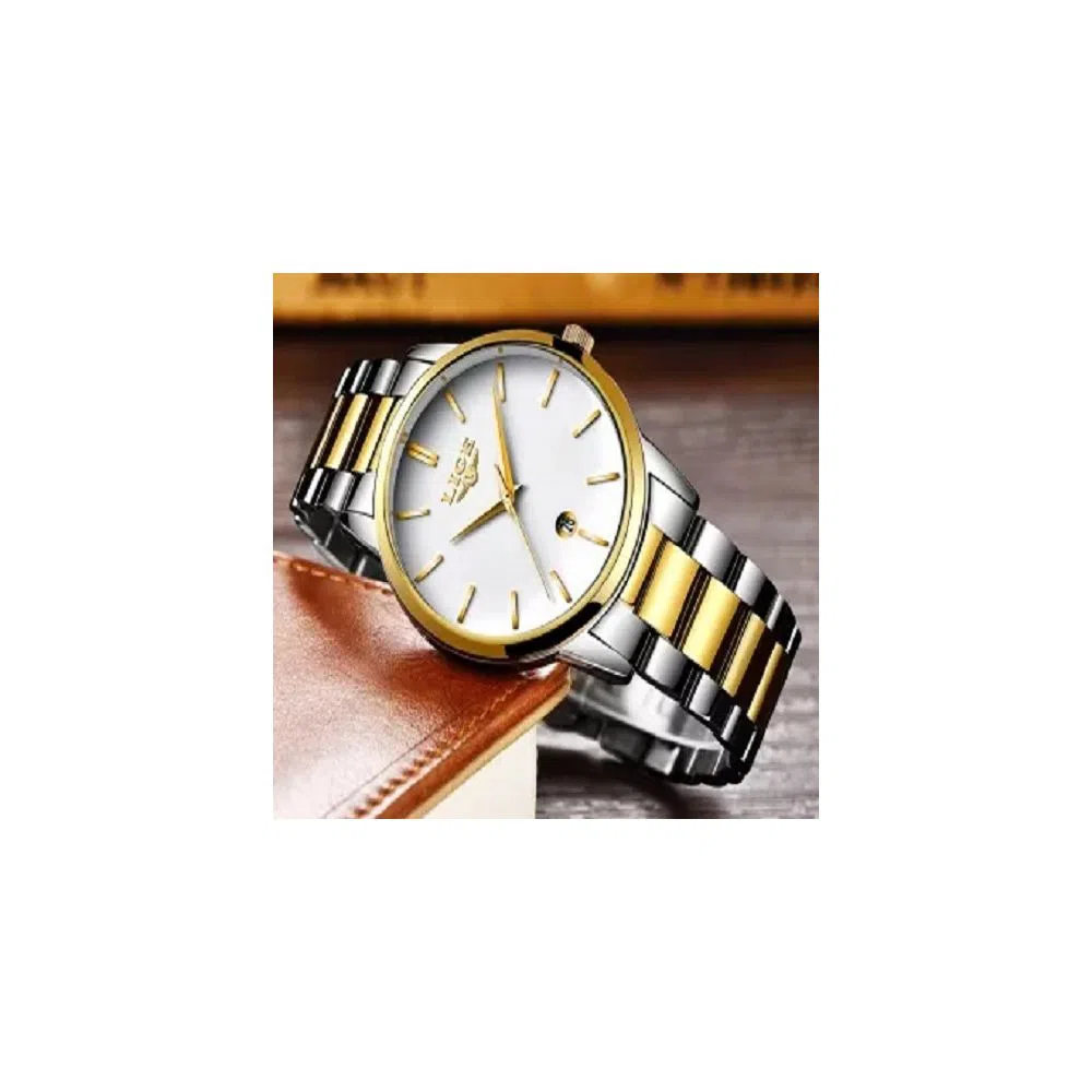 LIGE 9879B Fashion Watch For Men White Golden with Stainless steel