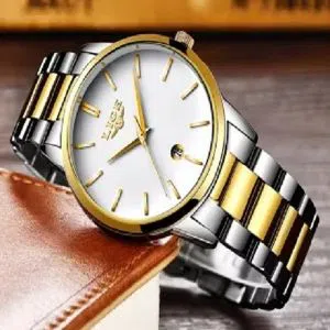 LIGE 9879B Fashion Watch For Men White Golden with Stainless steel