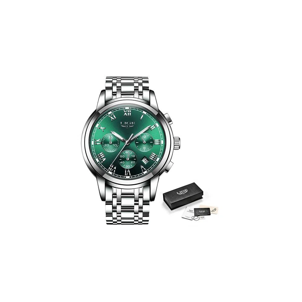 LIGE 9810W Fashion Watch For Men Green silver with Stainless steel