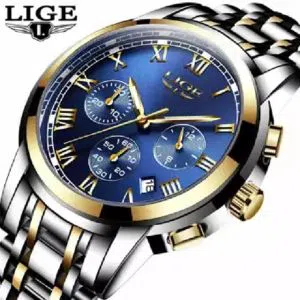  LIGE 9810B Fashion Watch For Men Blue golden with Stainless steel