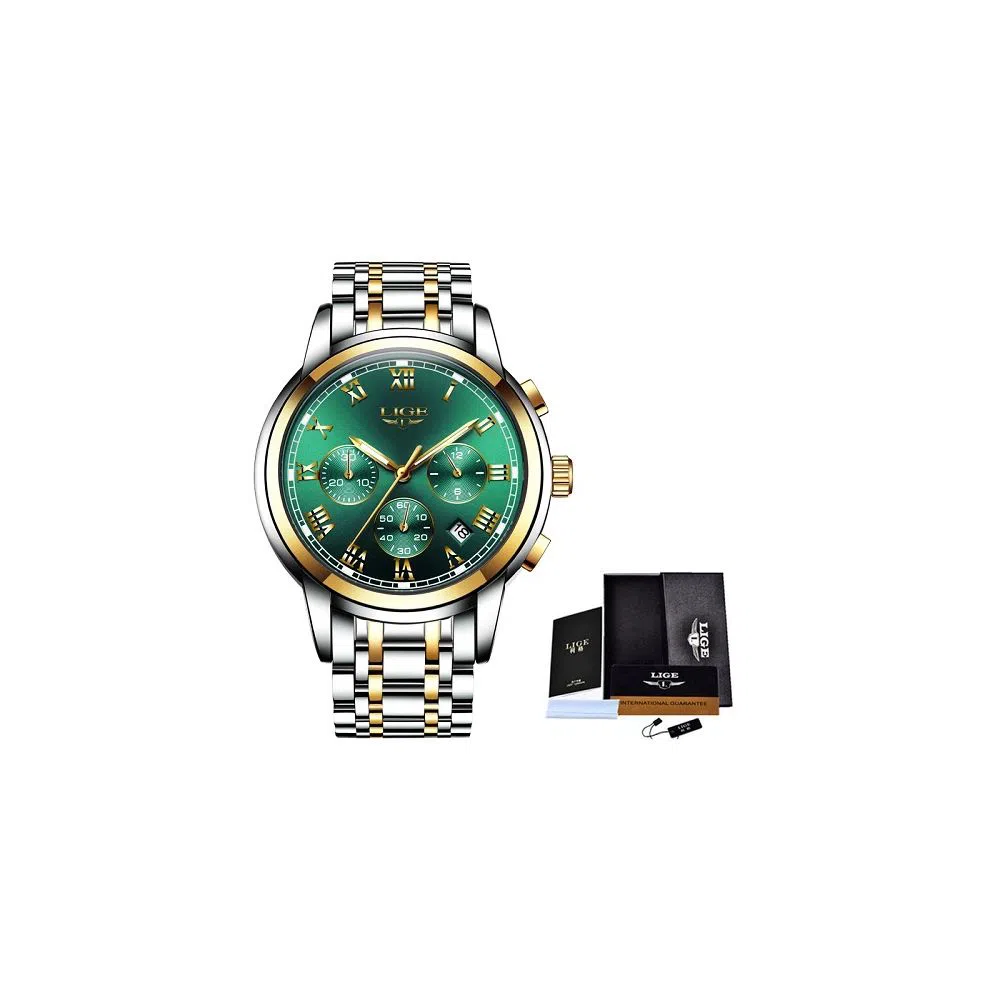 LIGE 9810V Fashion Watch For Men Green Silver Golden with Stainless steel