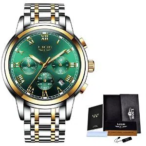 LIGE 9810V Fashion Watch For Men Green Silver Golden with Stainless steel