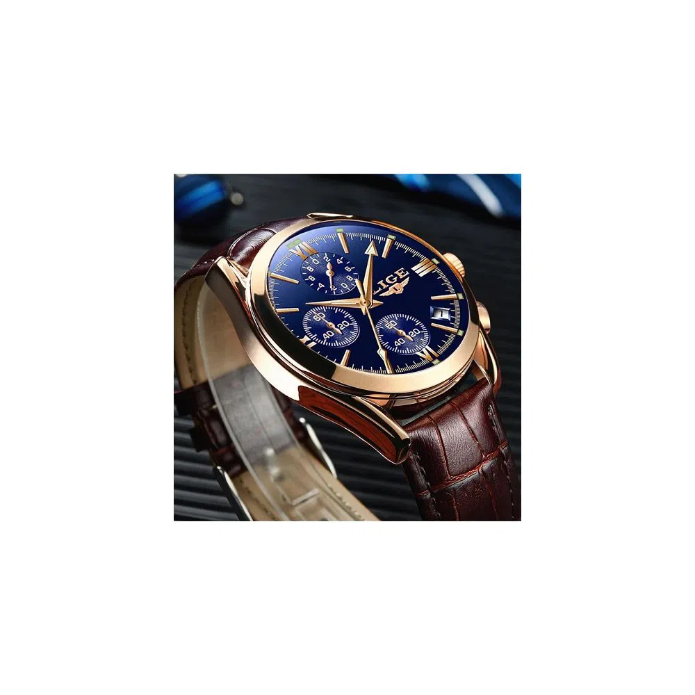 LIGE 9839L Watch For Men & Women Golden blue with Stainless steel