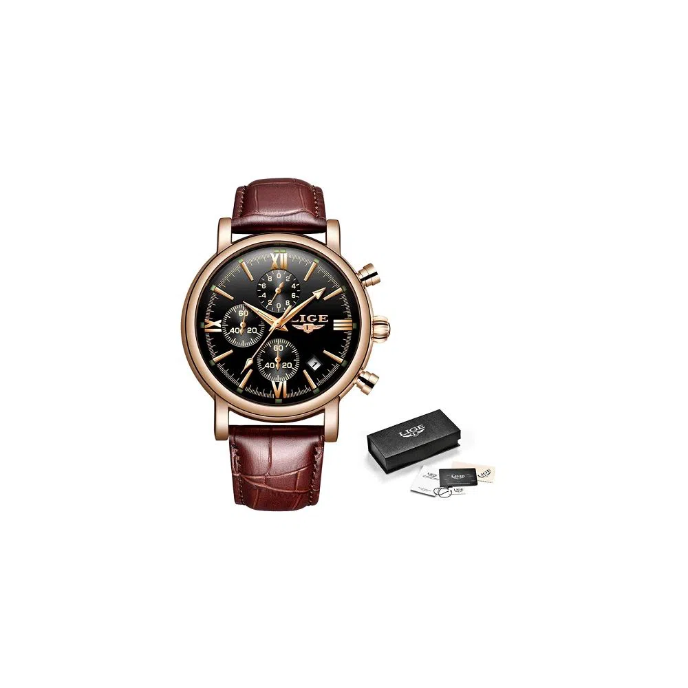 LIGE 9839F Watch For Men & Women Golden black with Leather 