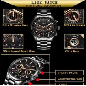 LIGE 9866B Watch For Men Black & Silver with Stainless steel
