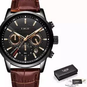 LIGE 9866G Watch For Men Black with Leather