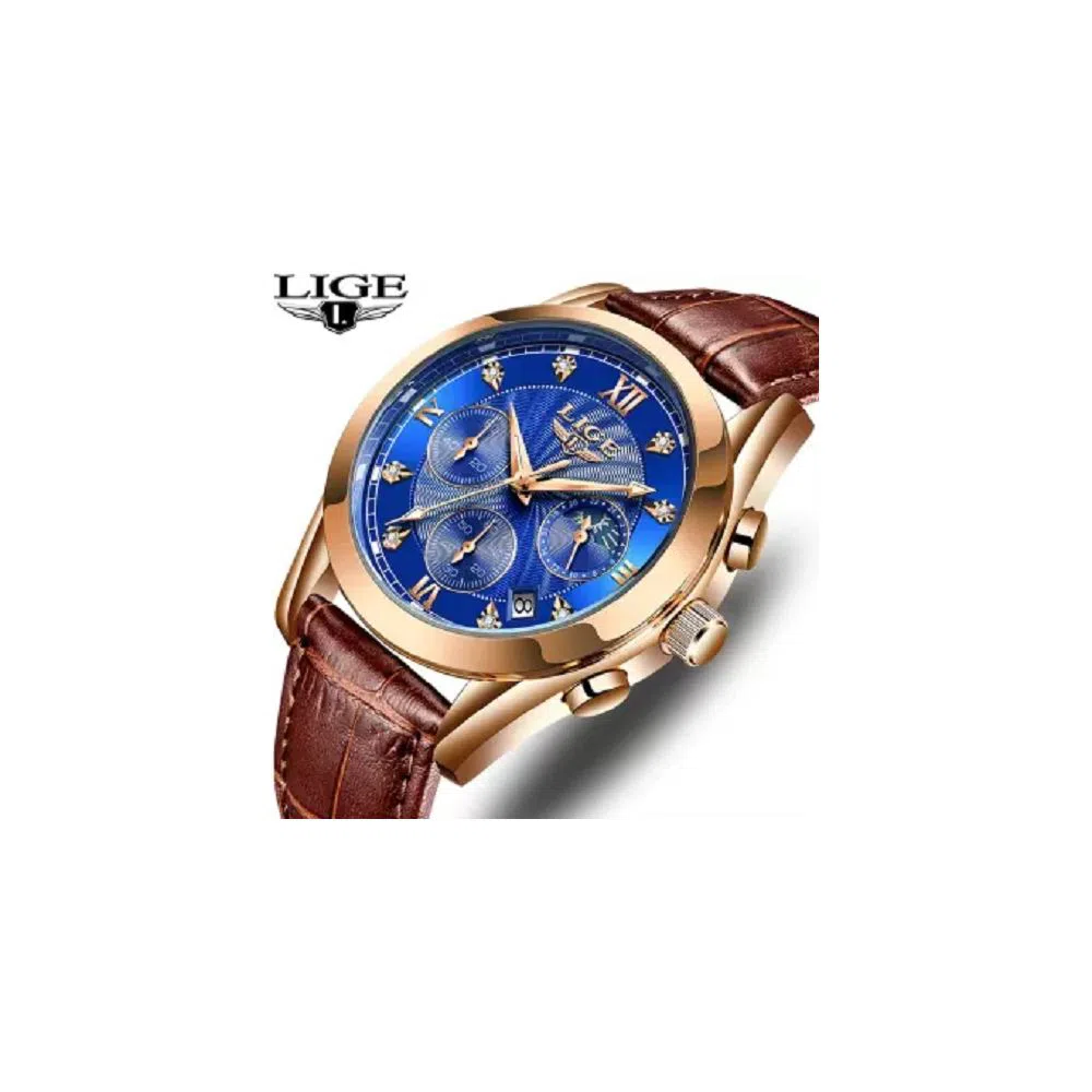 LIGE 8912G Watch For Men & Women Blue & Golden with Leather