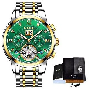 LIGE 9909M Watch For Men Green Golden Silver with Stainless steel