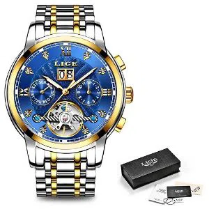 LIGE 9909A Watch For Men Blue Golden & Silver with Stainless steel