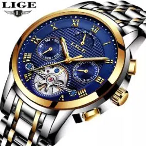 LIGE 9878C Watch For Men Blue Golden & Silver with Stainless Steel