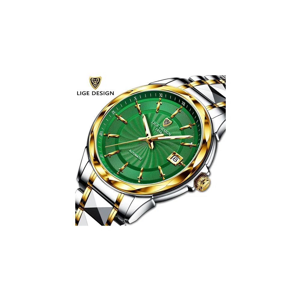 LIGE 6802C Watch For Men Green & Golden with Stainless steel