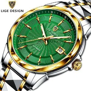 LIGE 6802C Watch For Men Green & Golden with Stainless steel