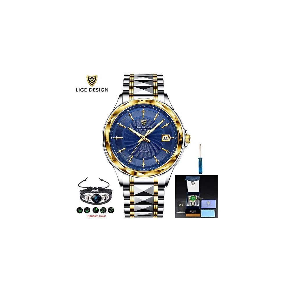 LIGE 6802A Watch For Men Blue & Golden with Stainless steel