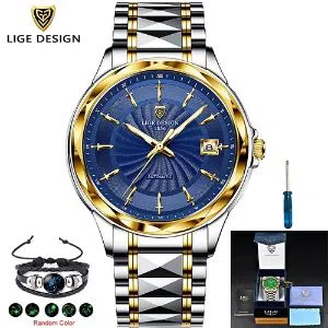 LIGE 6802A Watch For Men Blue & Golden with Stainless steel