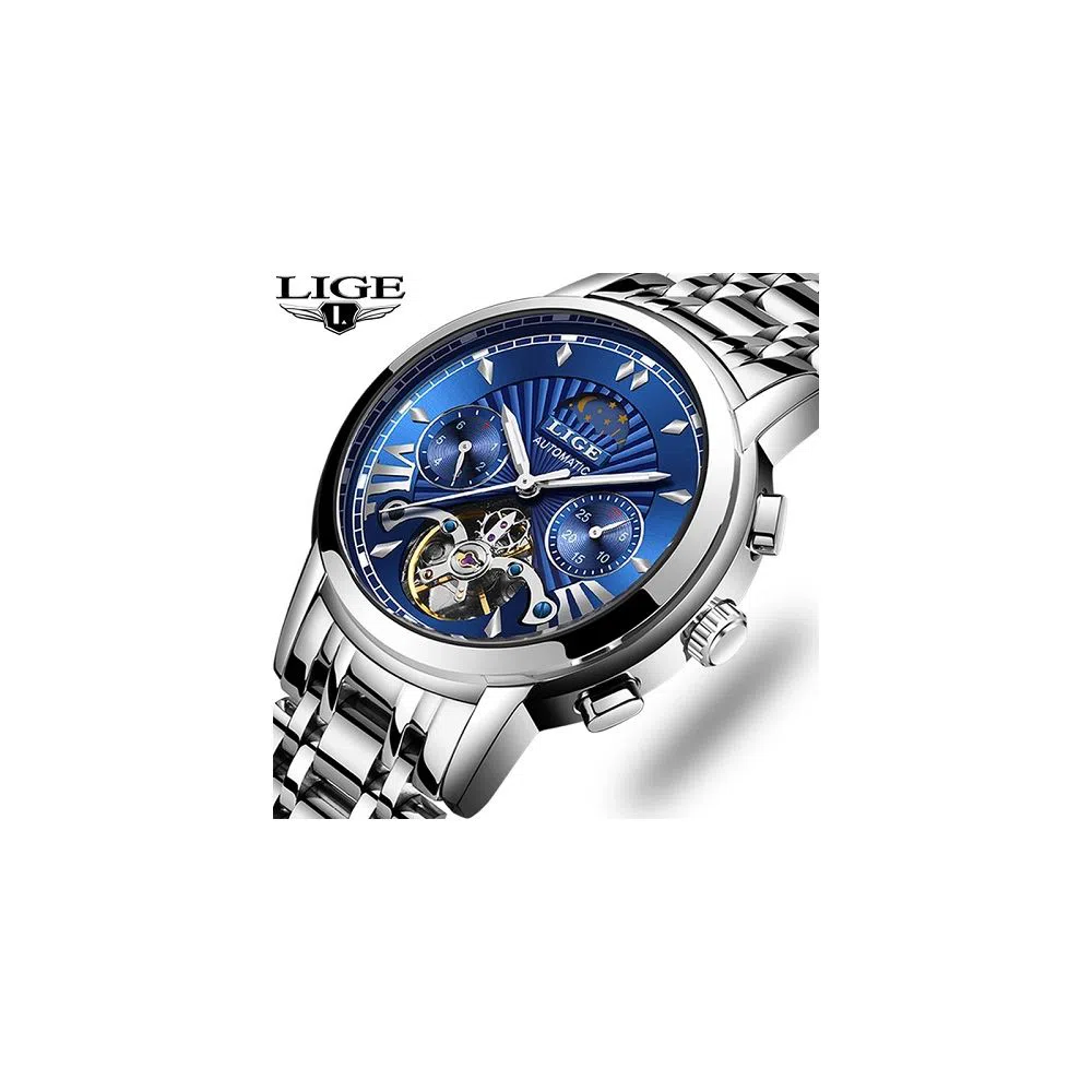 LIGE 9968D Watch For Men Blue Silver with Stainless steel