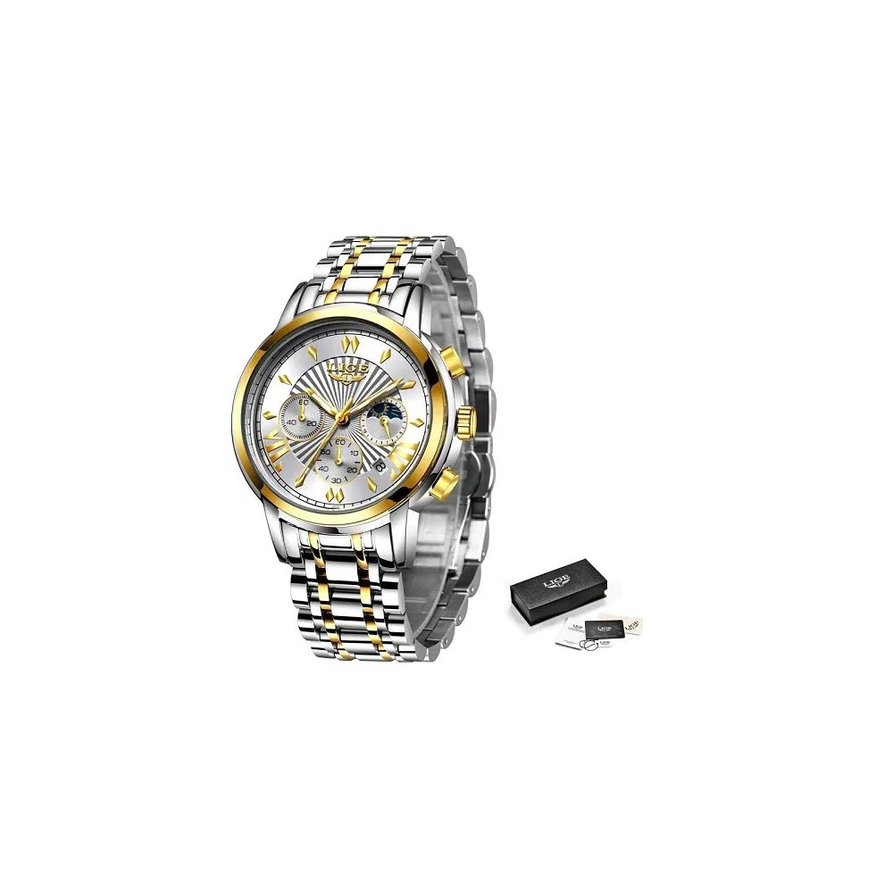 LIGE 8911C White gold Stainless steel Watch For Men