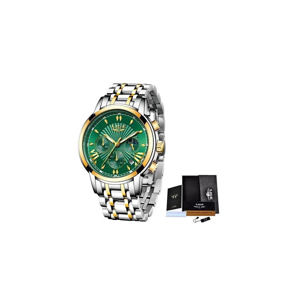 LIGE 8911D Green gold Stainless steel Watch For Men