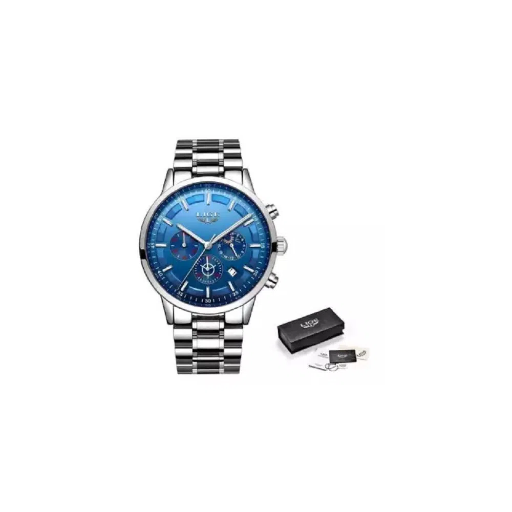 LIGE 9877H Blue silver Stainless steel Watch For Men