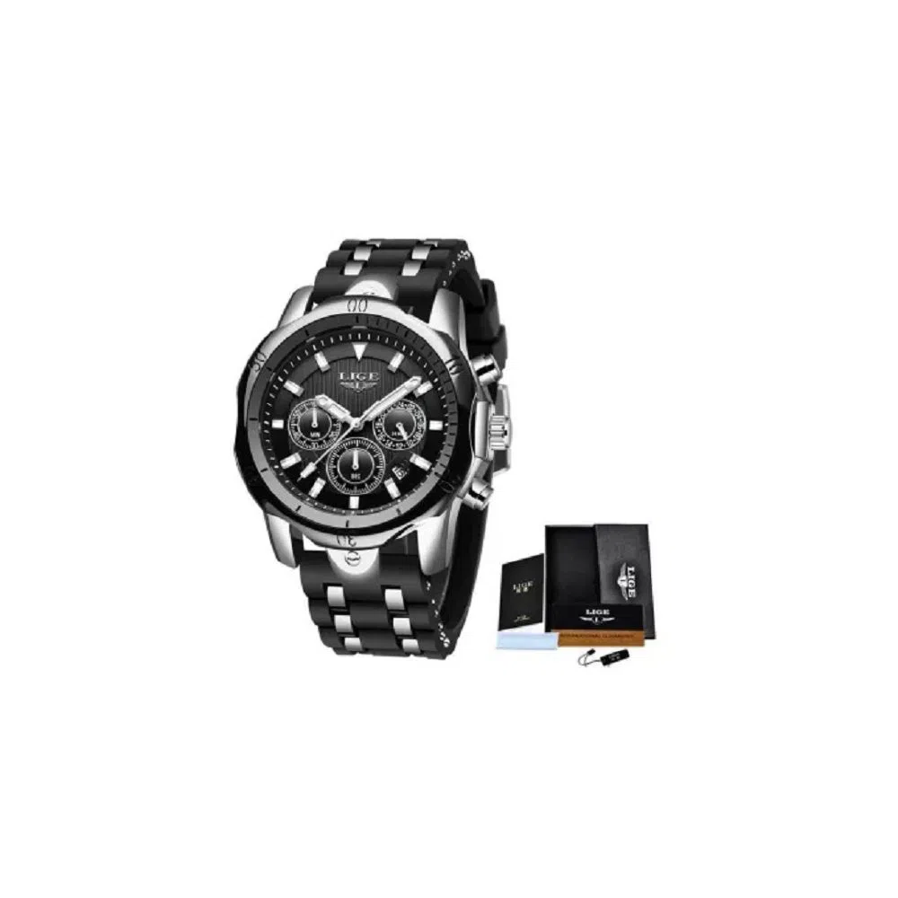 LIGE 9972F Black silver Stainless steel Watch For Men