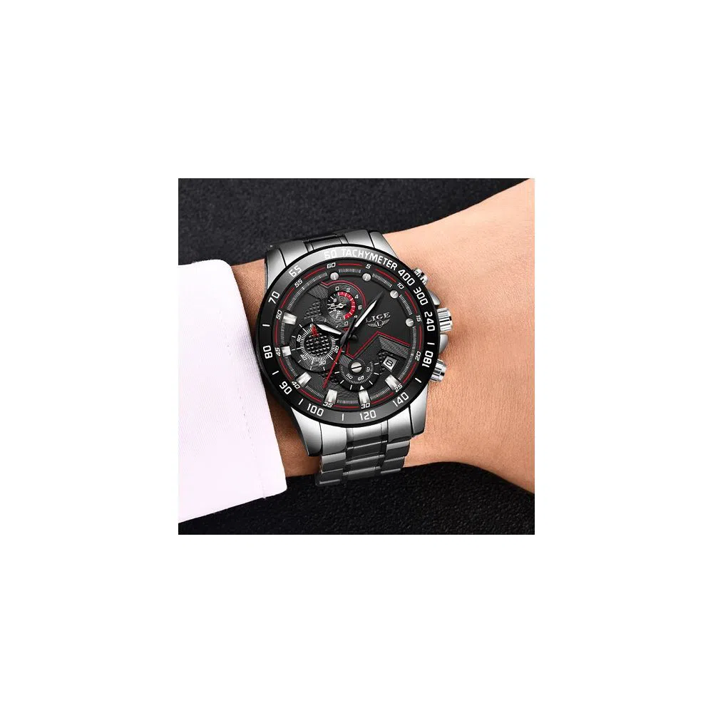 LIGE 9982F Black silver Stainless steel Watch For Men