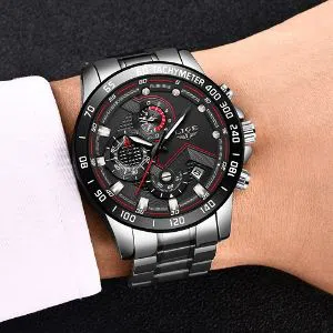 LIGE 9982F Black silver Stainless steel Watch For Men