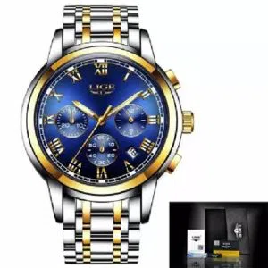 LIGE 9846H Blue golden silver Stainless steel Watch For Men