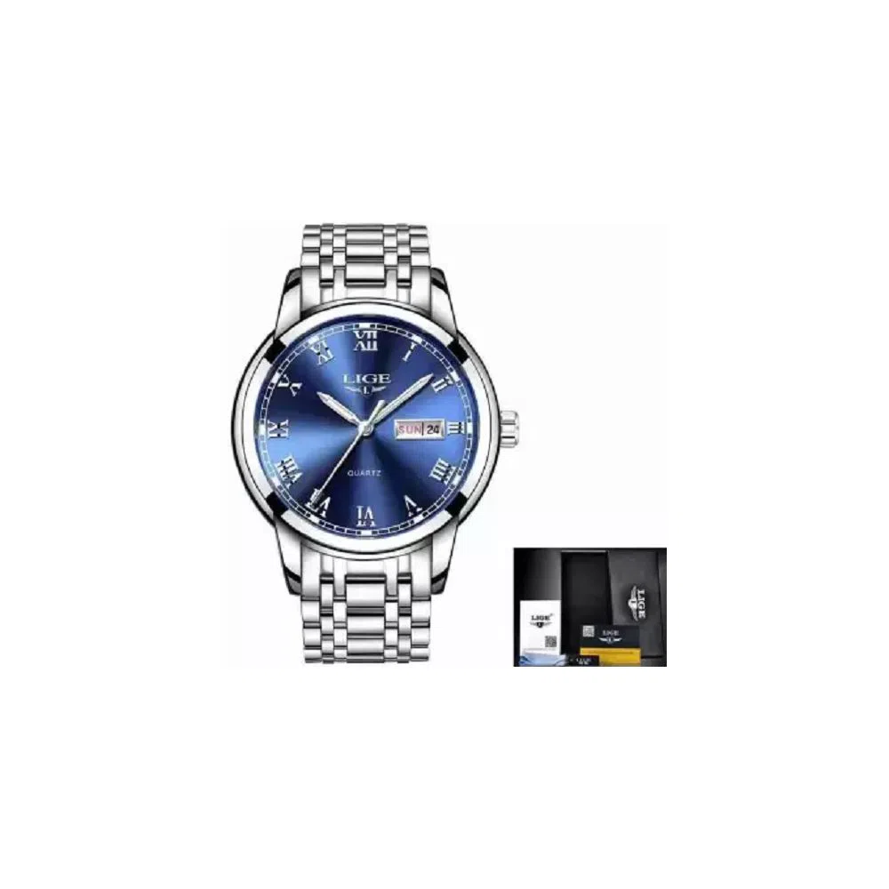 LIGE 9846K Blue silver Stainless steel Watch For Men