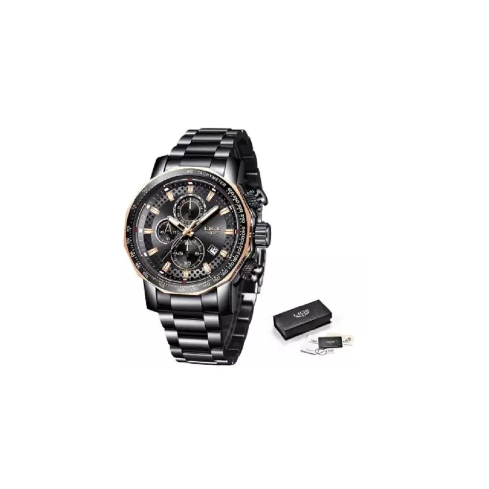 LIGE 9902B Black silver Stainless steel Watch For Men