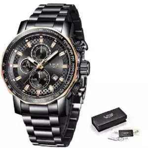 LIGE 9902B Black silver Stainless steel Watch For Men