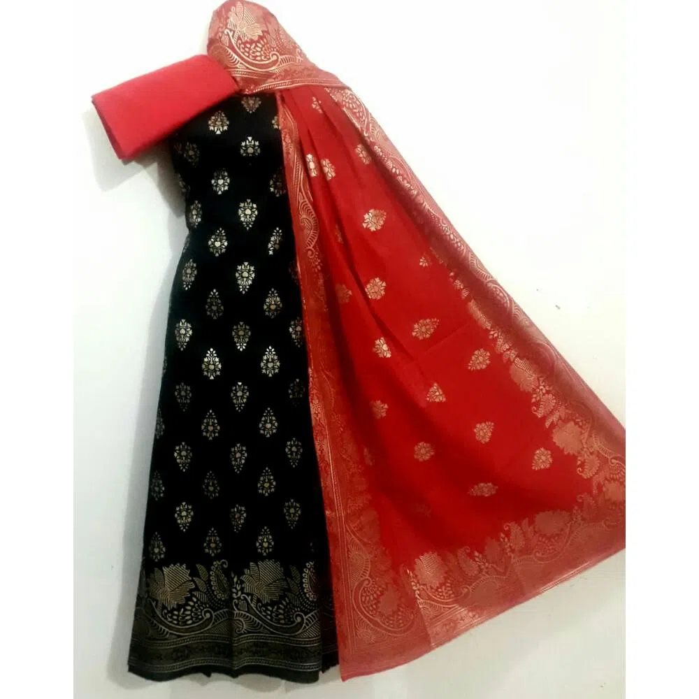 Unstitched Block Katan Cotton Salwar kameez - Black and Red 