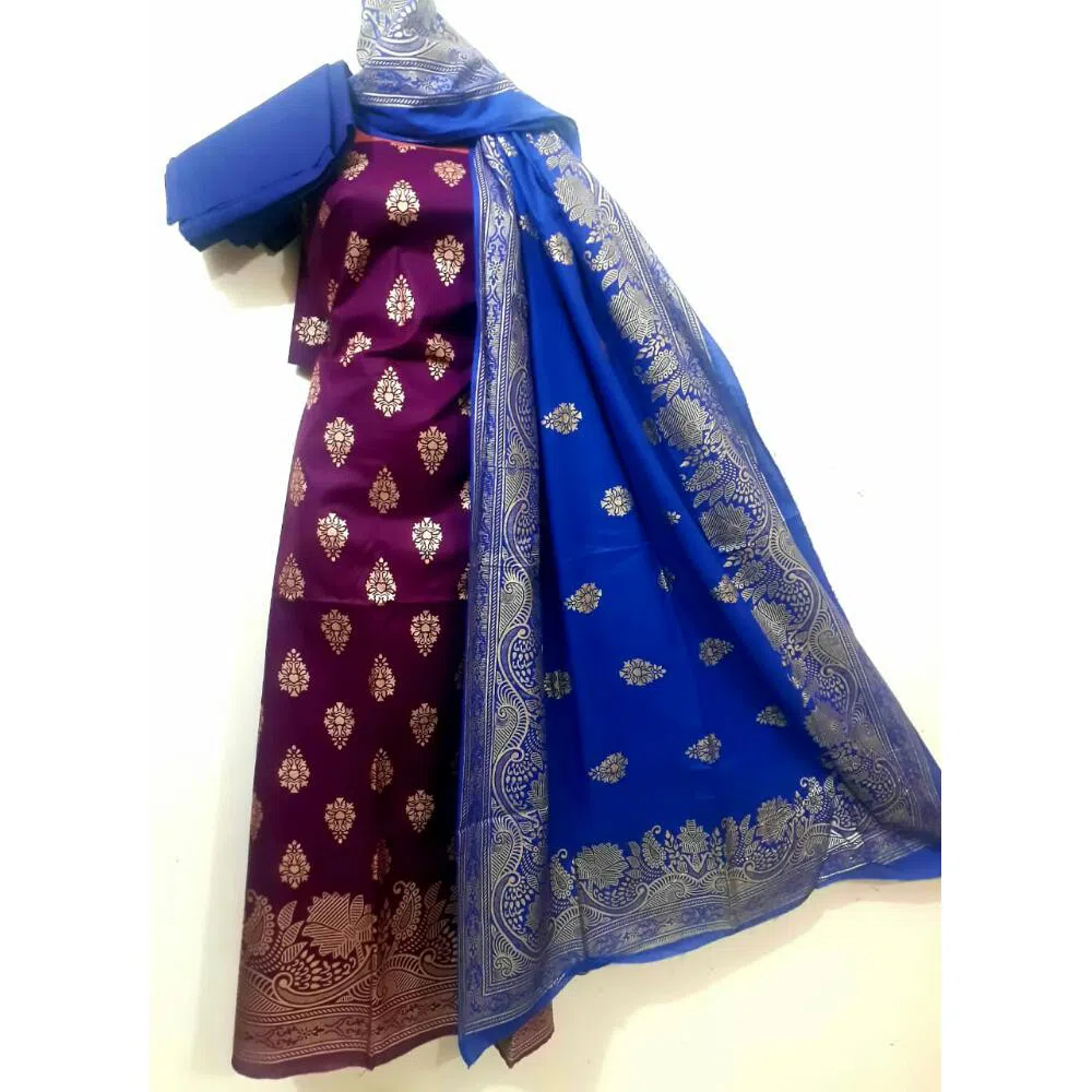 Unstitched Block Katan Cotton Salwar kameez - Purple and Blue 