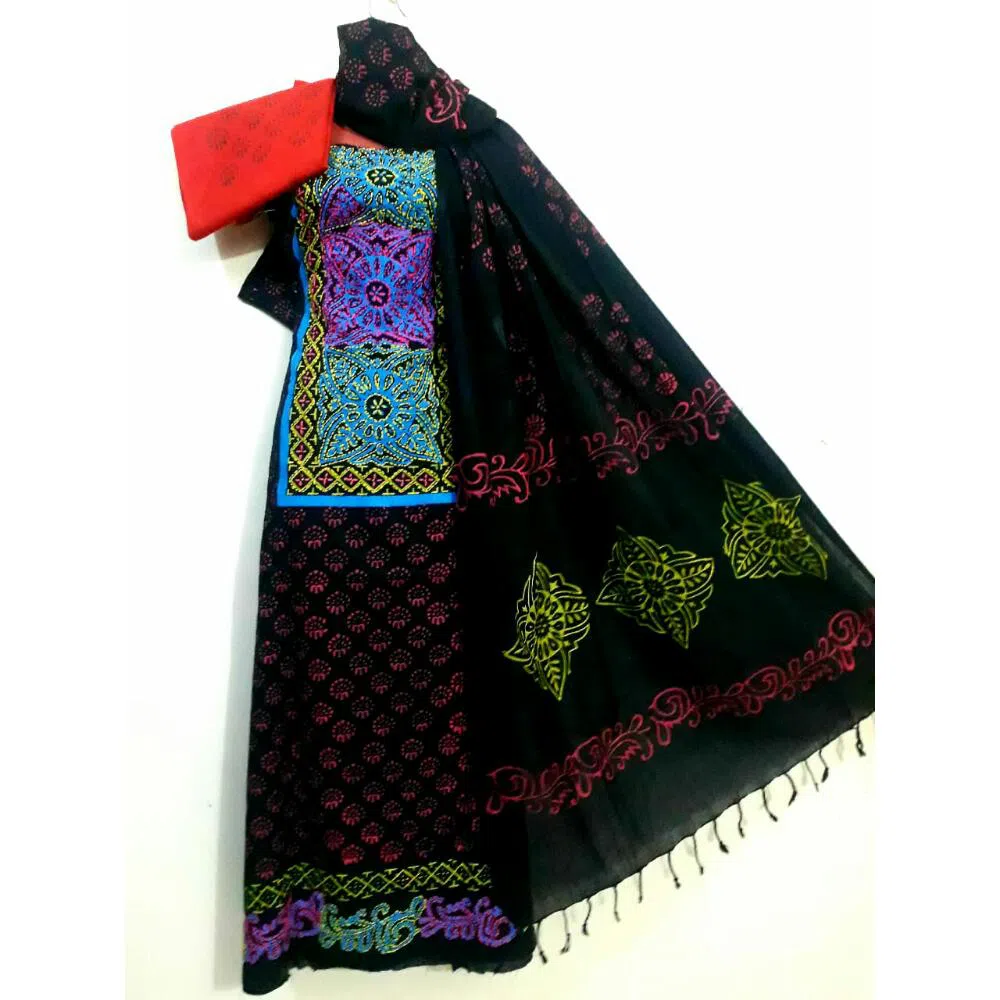 Unstitched Block Cotton Salwar kameez - Multicolor