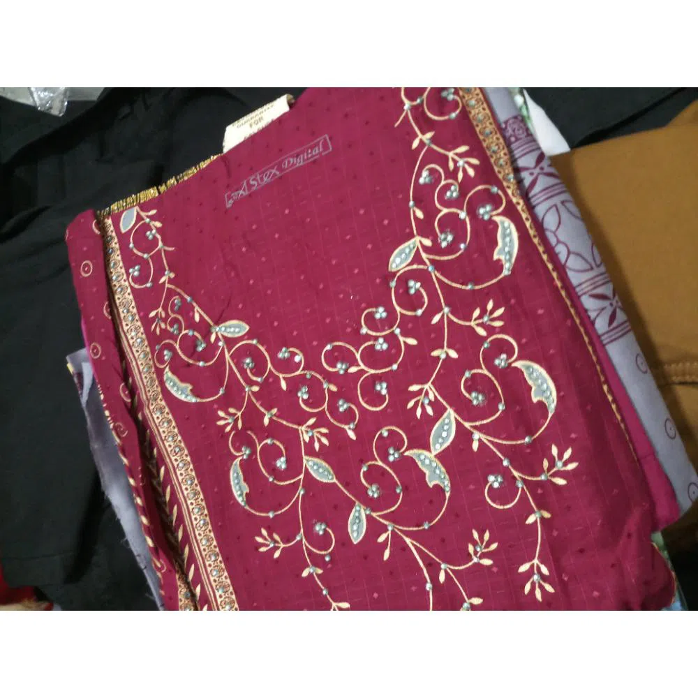 Unstitched Cotton Jori Embroidery Work & Stone Work Salwar Kameez For Women - Maroon 