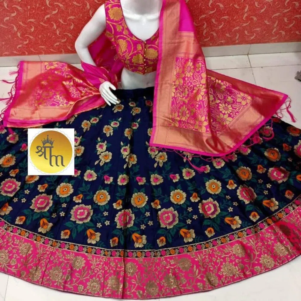Indian Semi Stitched Bana ease Brocade Silk Fabric Lahenga