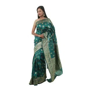 Indian Banarasi Silk Katan Saree Green Color