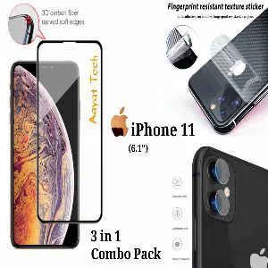 iPhone 11 (6.1)3in 1 Combo Pack (Screen Glass Protector, Full Coverage Clear Soft Back Protector, Camera Lens Protector Glass)