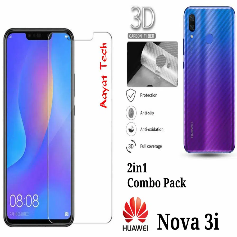 2 in 1 Combo 3D Carbon Fiber Sticker and 2.5D Glass Protector For Huawei Nova 3i
