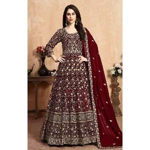 Glossy Maroon Color Weightless Georgette Party Wear Heavy Embroidered Designer Anarkali Suits For Women